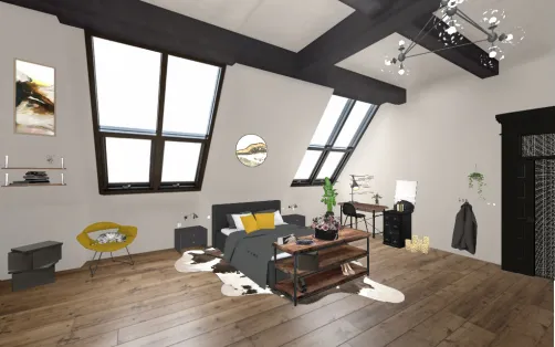 Chambre industrielle noir dorée et bois foncé 