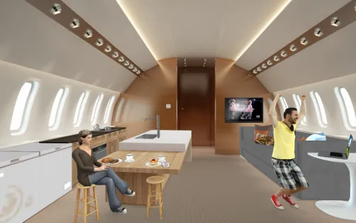 Interior de un avión. Salón /Comedor /Cocina. 💕☺️💞 Diseño limpio, sostenible y confortable...🏠🛬