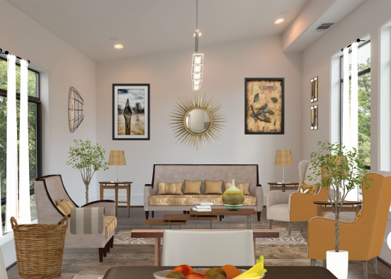 Neautral Earthy Tone Living room. In a home secluded in the forest.  Design Rendering