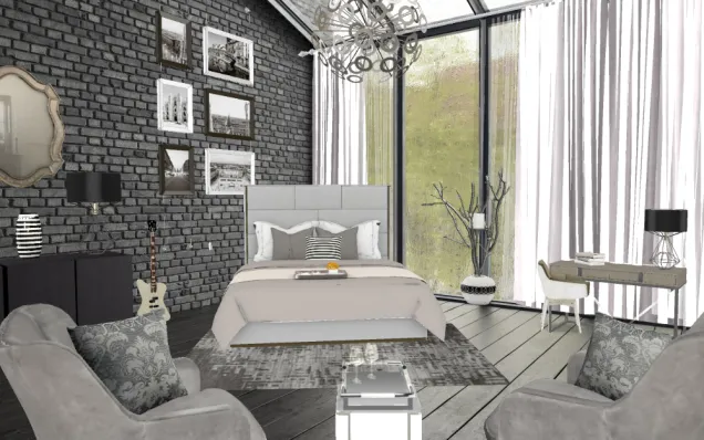 Hues of  Grays and little bits of black and whites. Was an office but but turned into bedroom.