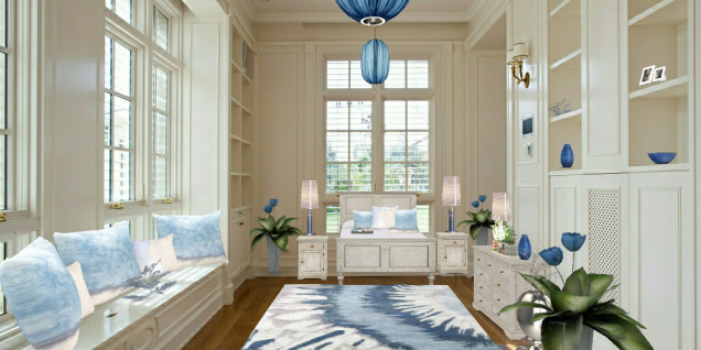 Cottage style. Blue and white guest room.  Avery Style Bed, Dresser and night stands. 