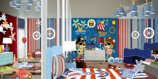 Twin boys and their bedroom and playroom. 