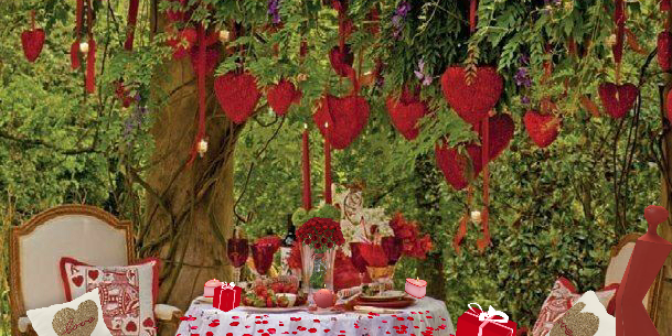 Dinner for 2 out in their garden of love. Tree of love.
