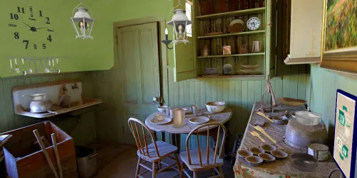 #RealRoom. I didn't want to mess too much with the history of this kitchen. I added oil lights, bowls, pan, wooden utensils and painted one wall only .