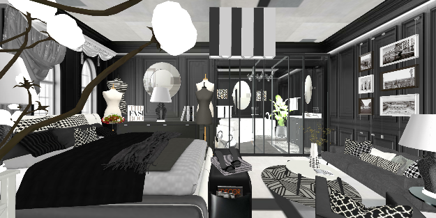 Black and white bedroom with a full bath attached
