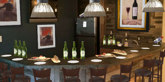 Basement Bar. We have Beer, Wine and Liquor served with Cheese trays, grapes, bread and a lot of laughter and talks. 