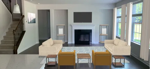 Living room with white bookshelf speakers