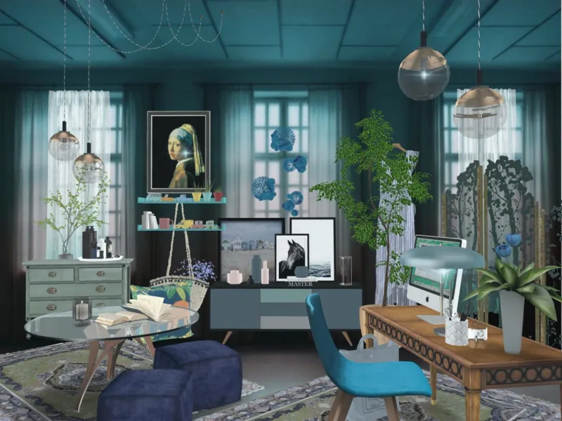 Retro-inspired living room with powder blue sofa, mid-century coffee table, and abstract blue-green artwork