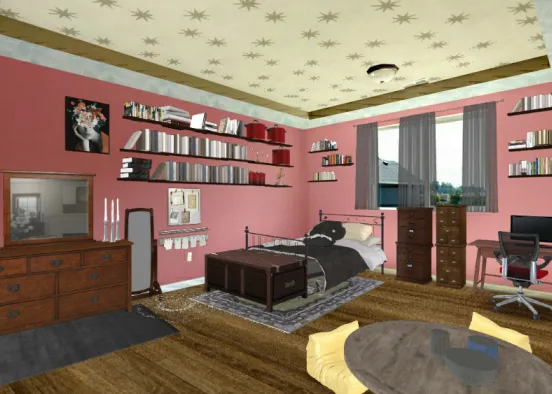 Books and miscellaneous. Dark dull pink. One painting w alot of shelves. Bowls? Design Rendering