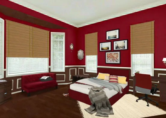 Gryffindor theme room. Classy and somewhat messy. Grandiose in some ways and simplistic in others. Design Rendering