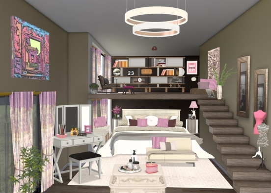 Her bedroom with a library loft Design Rendering