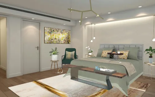 Camera da letto moderna con richiami oro 