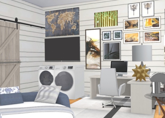 Artistic and stylish laundry room w. office and hangout Design Rendering