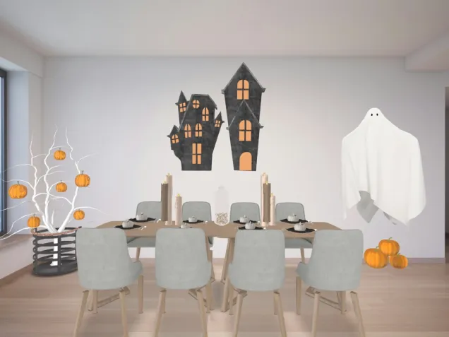 dinning room decorated for Halloween 