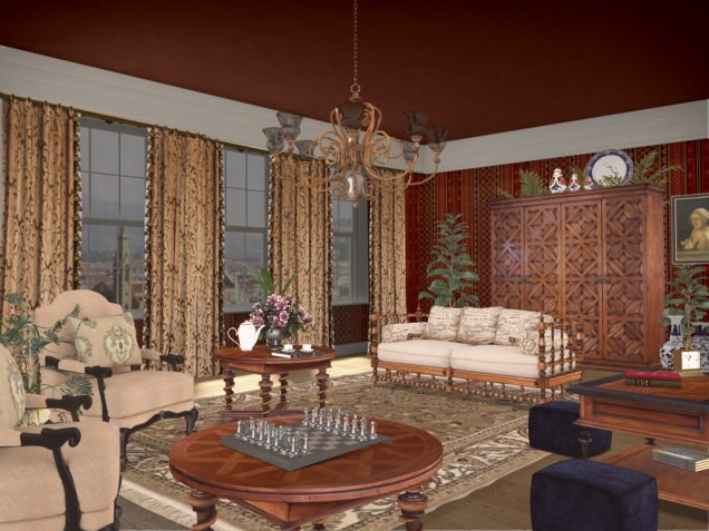 Had to look up this style:  Wallpaper, Persian Rugs, Heavy Drapes, Plants, ...