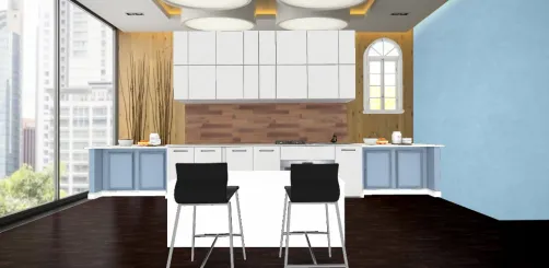 This is a modern kitchen for a modern apartment! I love the bar stools that match the interior of the entire kitchen! The city view is visible from every angle of the kitchen and let's a lot of natural light brighten up the place!