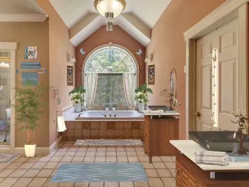 bathroom with a big window.