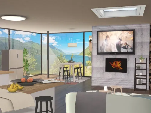 big windows modern kitchen,living room and dining room.