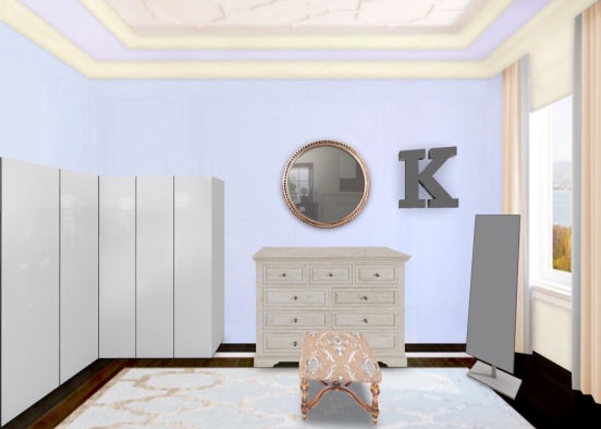 a get ready room with a huge wardrobe enough for 2 and a vanity with drawers and mirror. Design Rendering