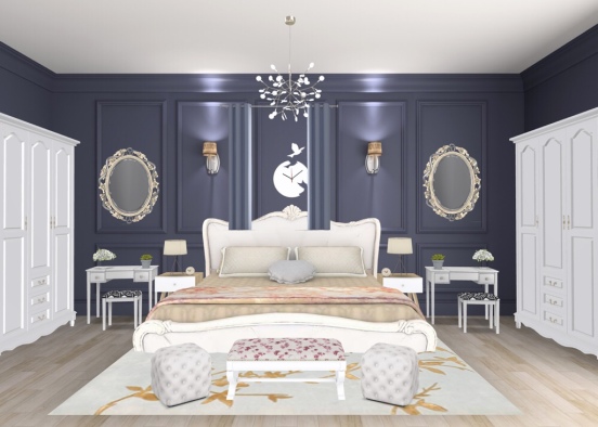 symmetrical white and gold bedroom Design Rendering