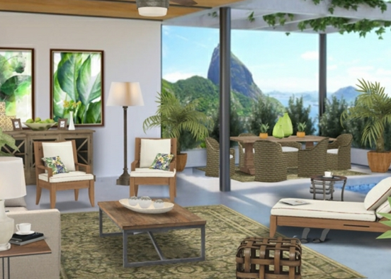 Tropical Indoor outdoor living room Design Rendering