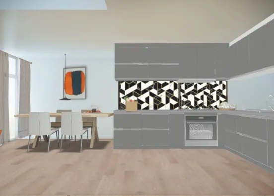 Quick orange and blue kitchen and dining room Design Rendering