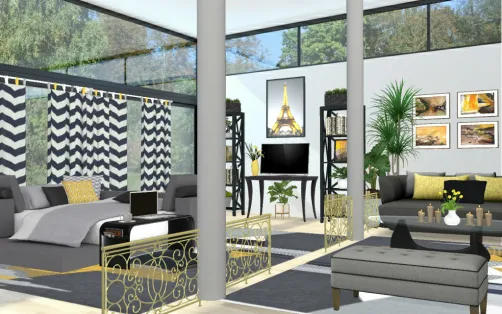 Black & Yellow,Gray Bedroom/Living Room Studio 