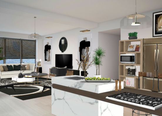 Luxurious Black, Ivory,Gold Living Room/kitchen  Design Rendering