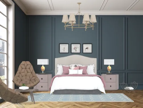 Dormitorio con un color fantástico en la pared panelada.El color azul contrasta con el resto ,dándole un especial sabor ,clásico _ moderno.