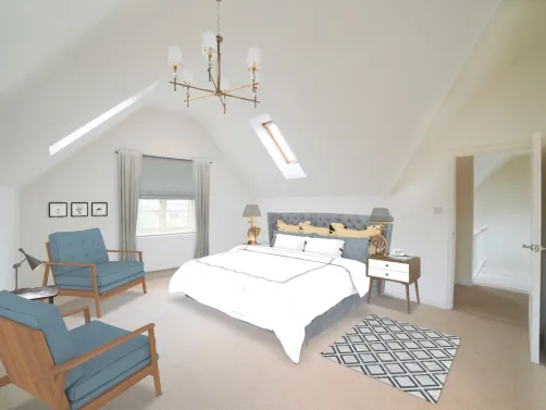 Dormitorio de colores azules-grisáceos abuhardillado.