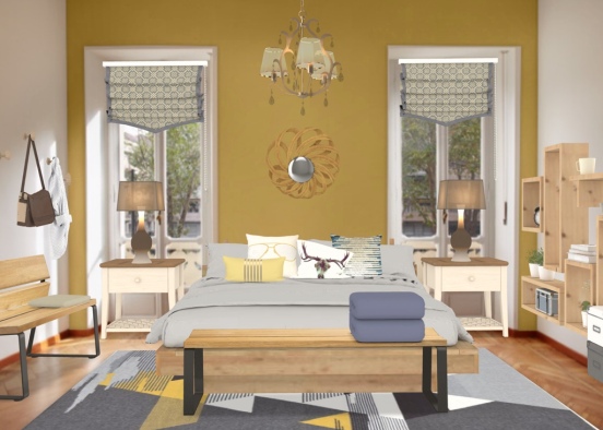 El viejo cuarto de la abuela redecorado en tonos amarillos ,como cuarto para su nuevos moradores. Design Rendering