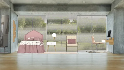 Dormitorio de niña, con luz solar espejo, computador, cama, mesita de noche, sillon rosa