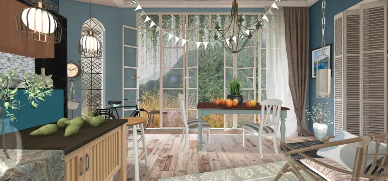 Country life by Zoe Zoe — a cozy rustic kitchen with powder-blue cabinets, exposed wooden beams, and vintage floral textiles