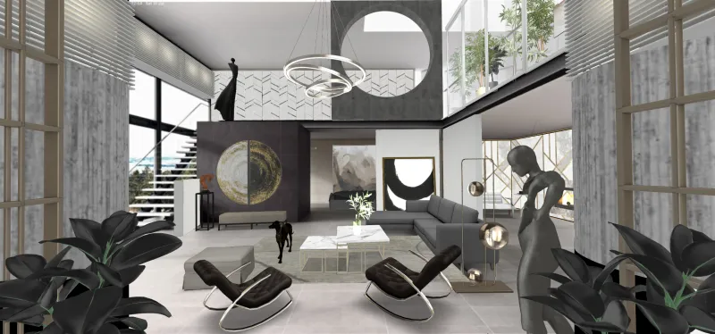 Gina's interior design featuring neutral tones, streamlined furniture, and open sightlines