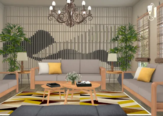 Living room with natural wood furniture Design Rendering