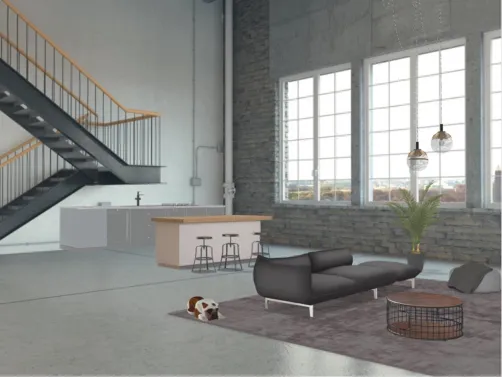 industrial living room & kitchen 
