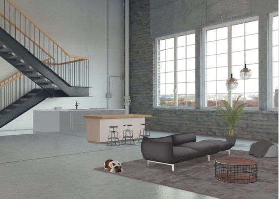industrial living room & kitchen  Design Rendering