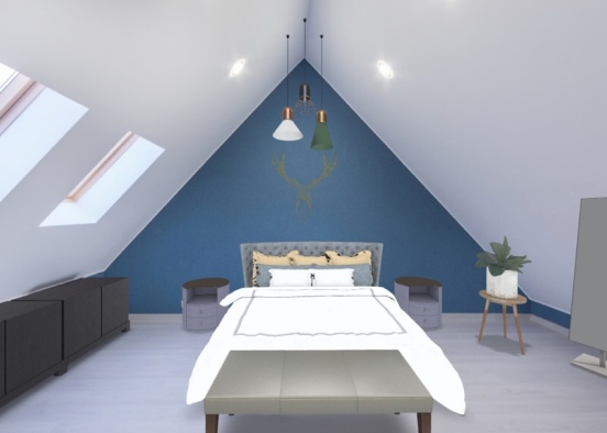 Green & Blue themed Triangular Bedroom Design Rendering