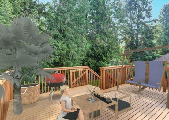 lovely leafy green wood patio with table and chair Design Rendering