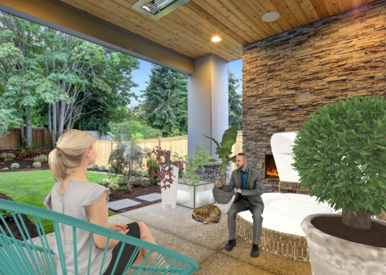garden with furniture and cat female and male  Design Rendering