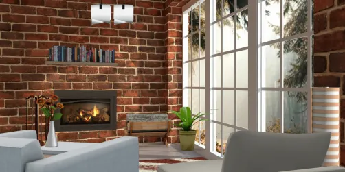 Brick red walls whit fireplace