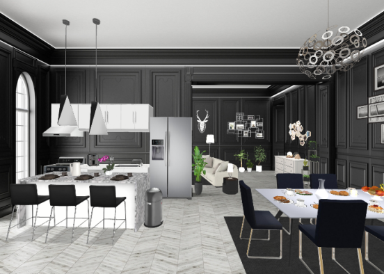Black and White Kitchen With Dinning Design Rendering