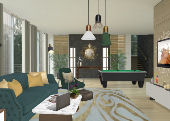 Modern style living room (GREEN&GOLD) Design Rendering