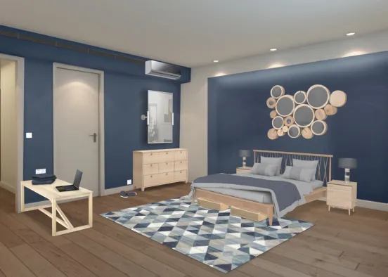 #Navy & Light Wood Bedroom Design Rendering