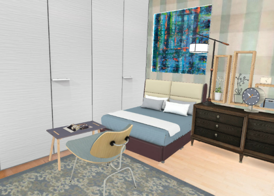Simple Blue Plaid Bedroom Design Rendering