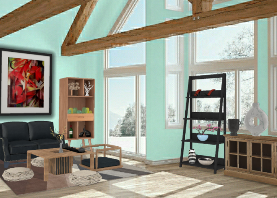 High Ceiling Turquoise Living Room Design Rendering