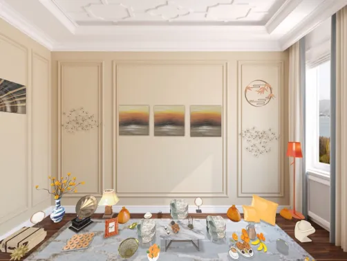 salon thème orange 🍊 très décoré avec une grande fenêtre 🌏beaucoup de deco avec de la nourriture 🥘 petit déjeuner canapé fauteuil table basse 