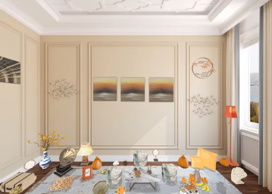 salon thème orange 🍊 très décoré avec une grande fenêtre 🌏beaucoup de deco avec de la nourriture 🥘 petit déjeuner canapé fauteuil table basse  Design Rendering