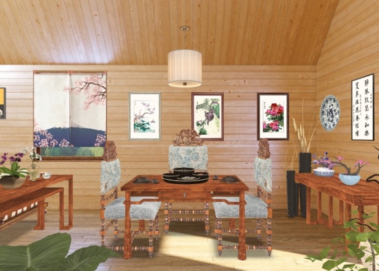 Traditional Japanese Dining Room Design Rendering