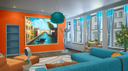 Orange and blue living room